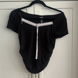Just Polly Juniors Womens Top, Size: L, Color: Black, Side-Ruches, White Lace